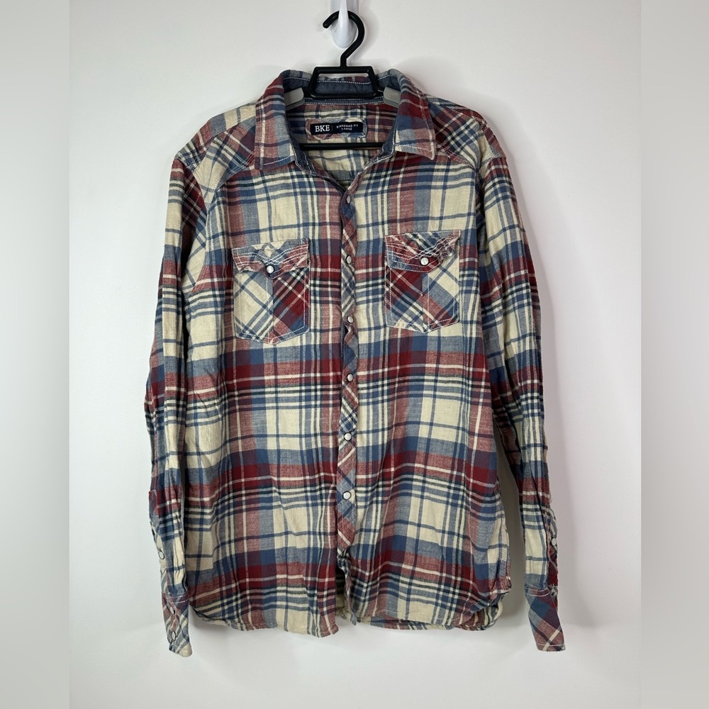 BKE Shirt Mens Large Plaid Long Sleeve Button Up Cotton Pearl Snap